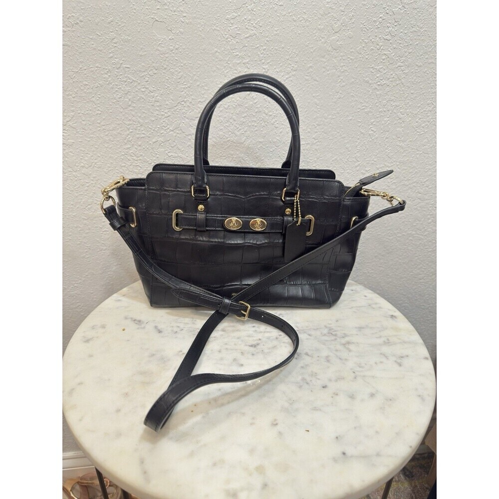 Coach Black Croc Embossed Leather Satchel Shoulder Crossbody Bag - Picture 5 of 11